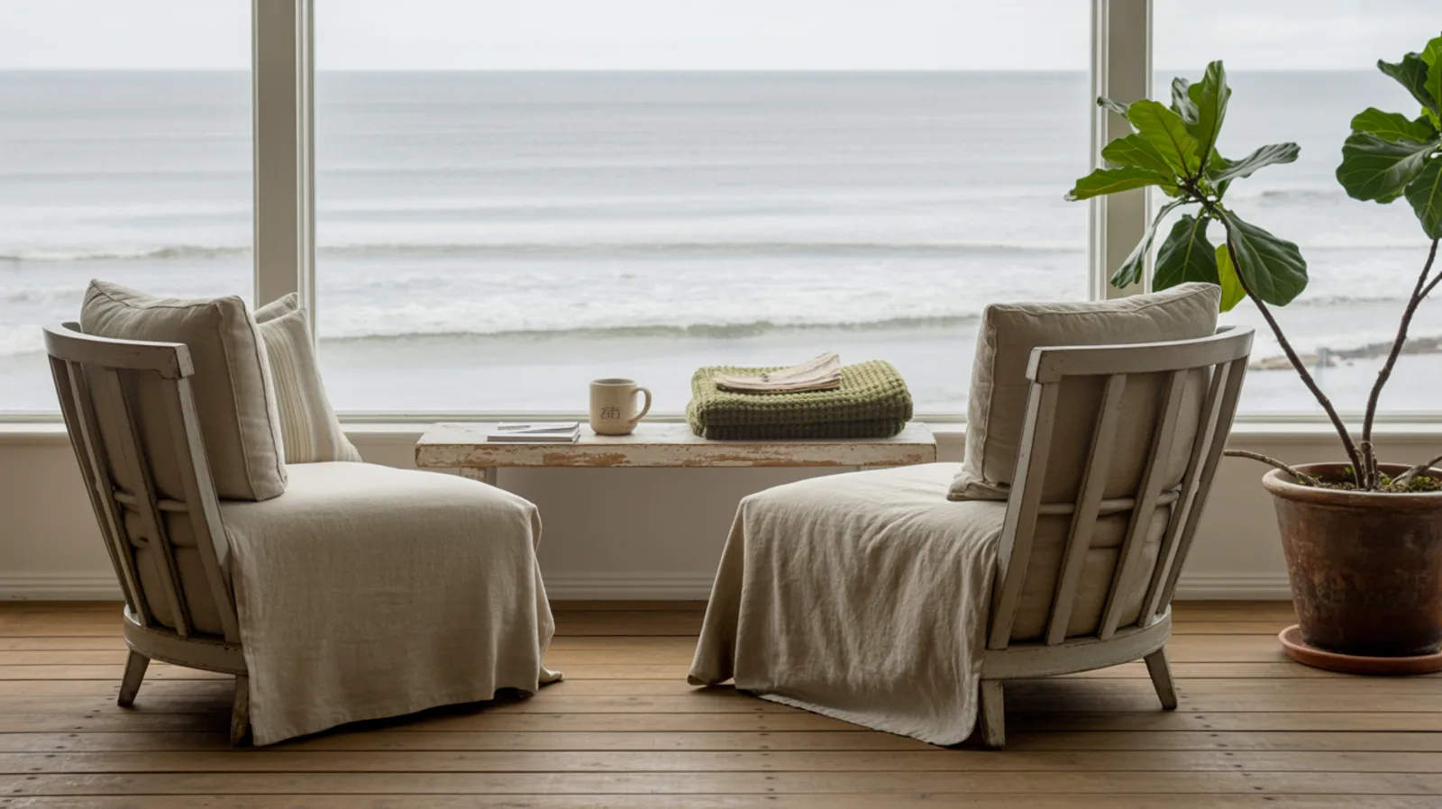 Two armchairs turned toward each other beside a window looking out at the Oregon coast, with a mug and a folded blanket on the table between them.